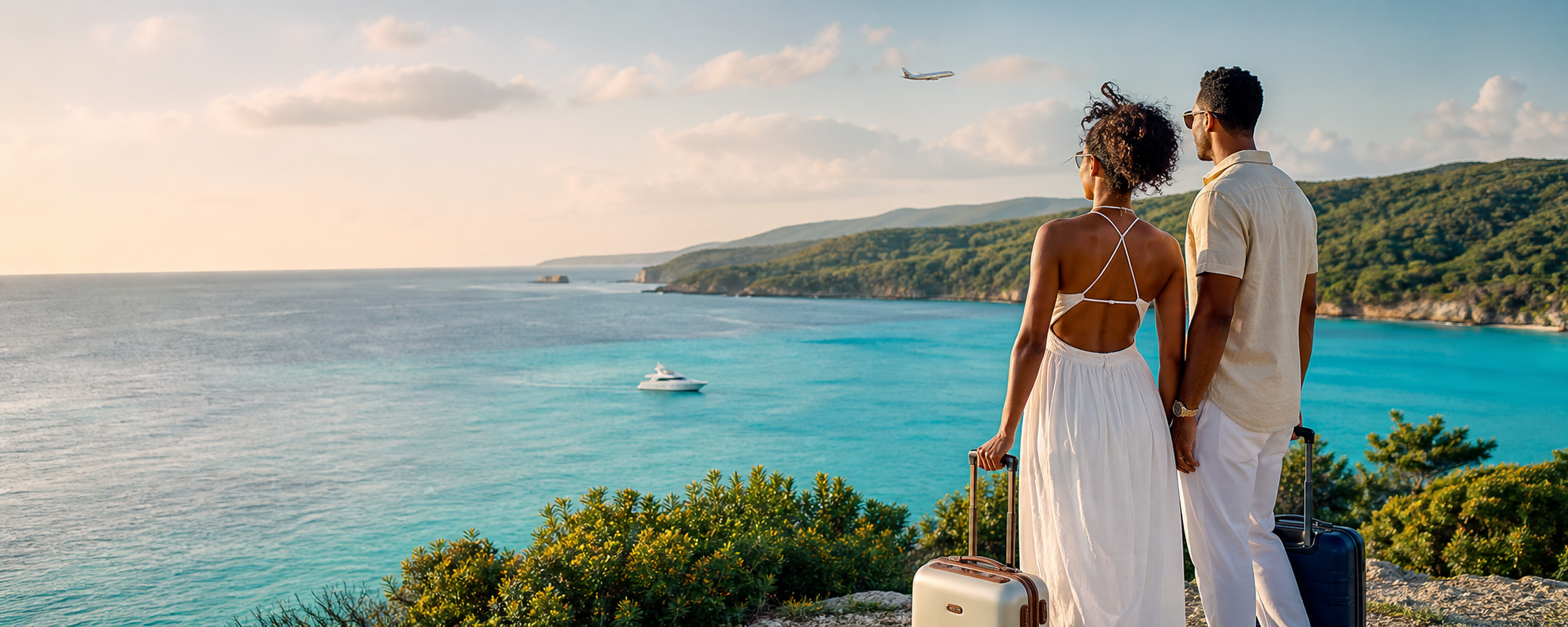 Pareja contemplando una costa del Caribe antes de comenzar su viaje